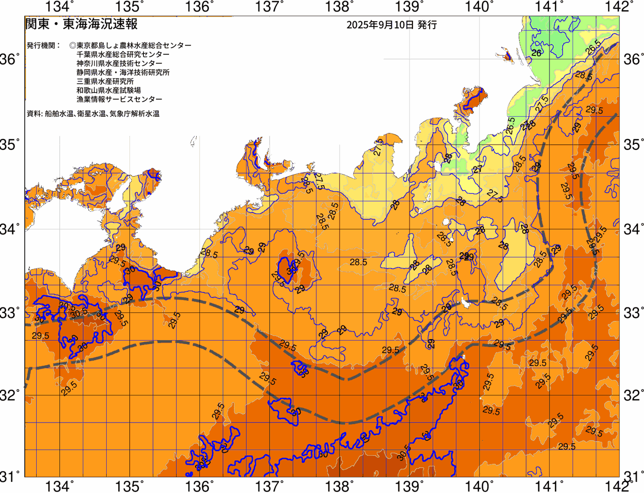 海況図, 関東・東海海況速報/広域 検索結果, (黒潮, 水温分布, 冷水域, 暖水波及 等を図示)