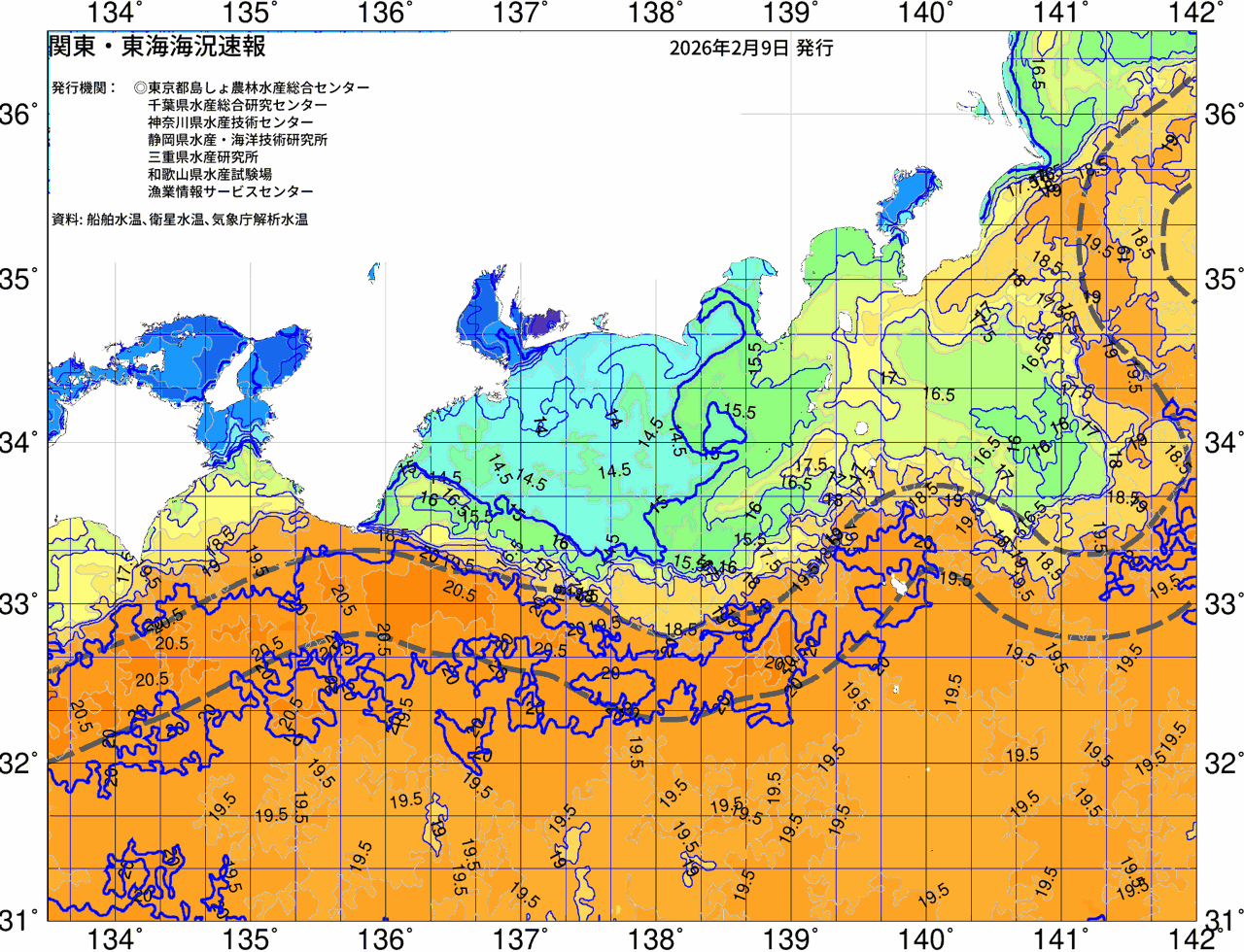 海況図, 関東・東海海況速報/広域 検索結果, (黒潮, 水温分布, 冷水域, 暖水波及 等を図示)