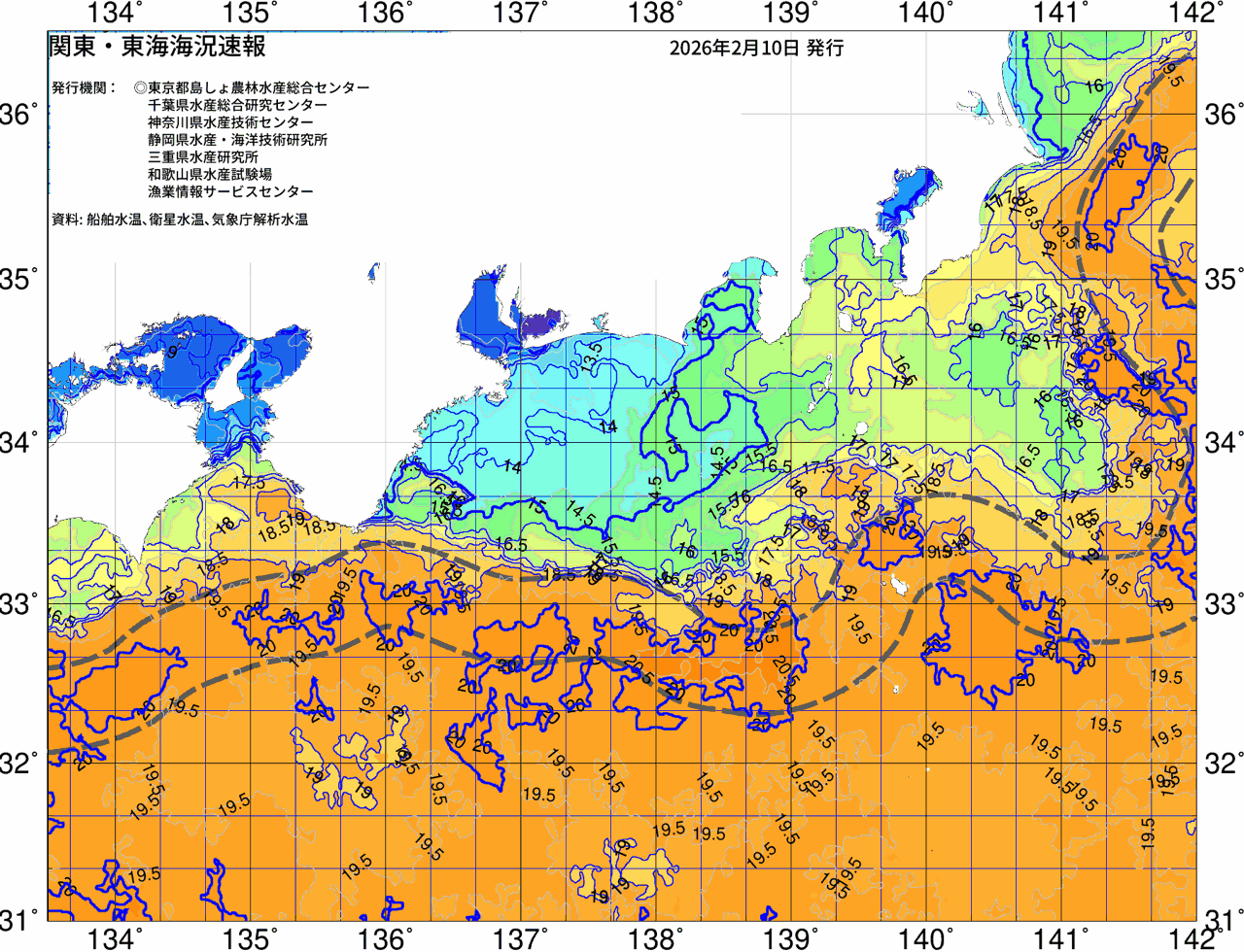 海況図, 関東・東海海況速報/広域 検索結果, (黒潮, 水温分布, 冷水域, 暖水波及 等を図示)