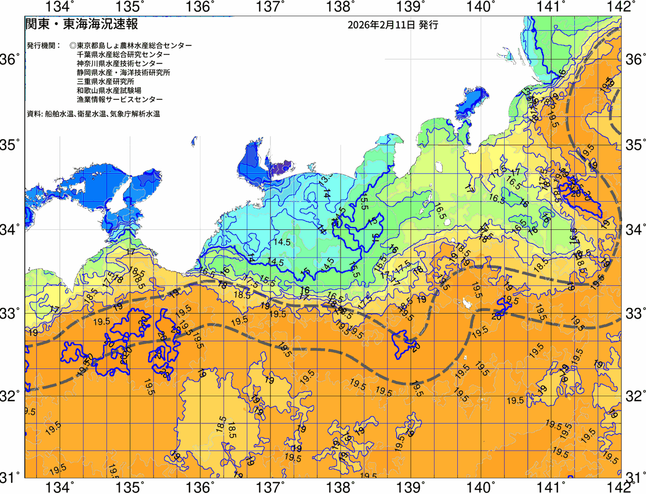 海況図, 関東・東海海況速報/広域 検索結果, (黒潮, 水温分布, 冷水域, 暖水波及 等を図示)