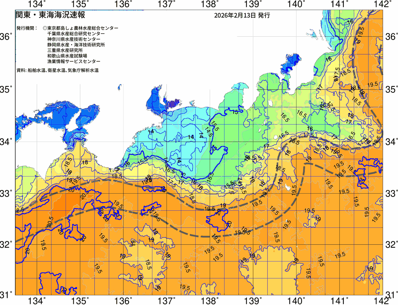 海況図, 関東・東海海況速報/広域 検索結果, (黒潮, 水温分布, 冷水域, 暖水波及 等を図示)