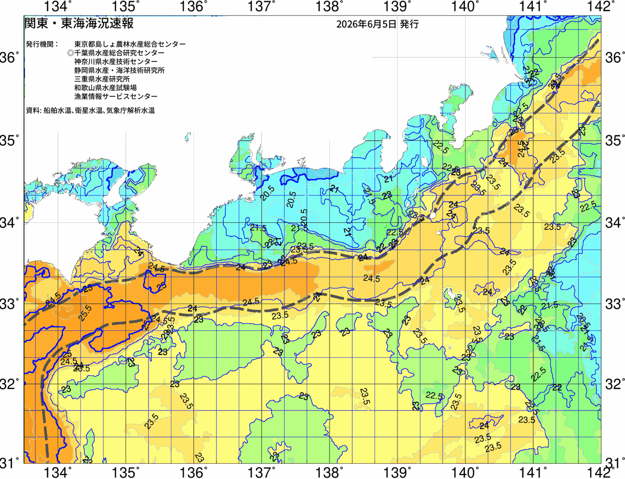 海況図, 関東・東海海況速報/広域 検索結果, (黒潮, 水温分布, 冷水域, 暖水波及 等を図示)