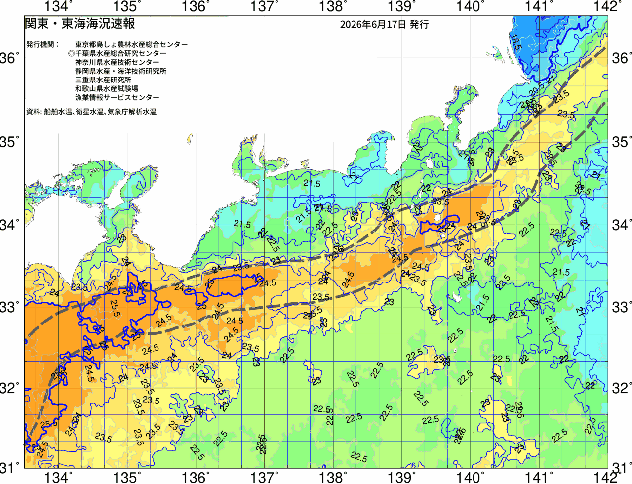 海況図, 関東・東海海況速報/広域 検索結果, (黒潮, 水温分布, 冷水域, 暖水波及 等を図示)
