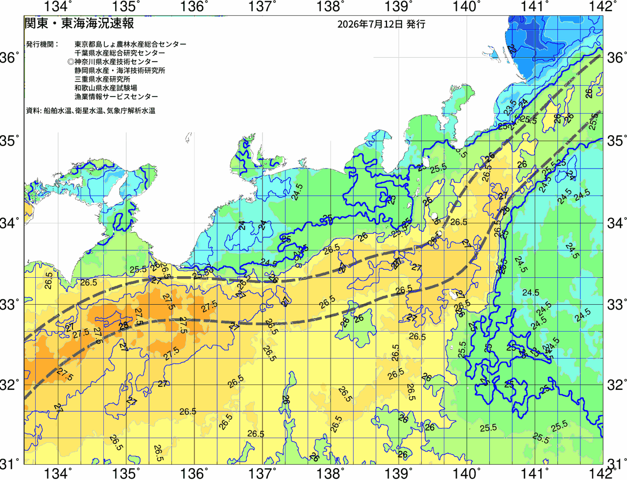 海況図, 関東・東海海況速報/広域 検索結果, (黒潮, 水温分布, 冷水域, 暖水波及 等を図示)