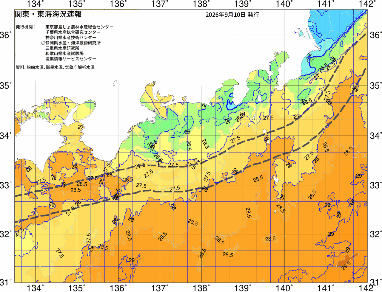 海況図, 関東・東海海況速報/広域 検索結果, (黒潮, 水温分布, 冷水域, 暖水波及 等を図示)