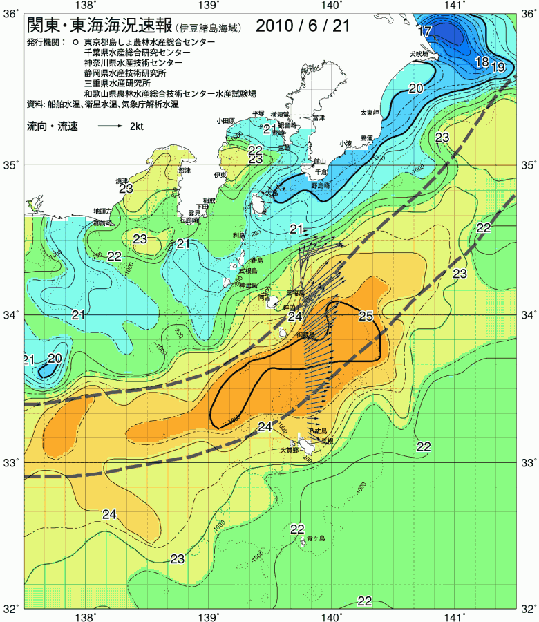 海況図, 関東・東海海況速報/伊豆諸島海域 検索結果, (黒潮, 水温分布, 冷水域, 暖水波及 等を図示)