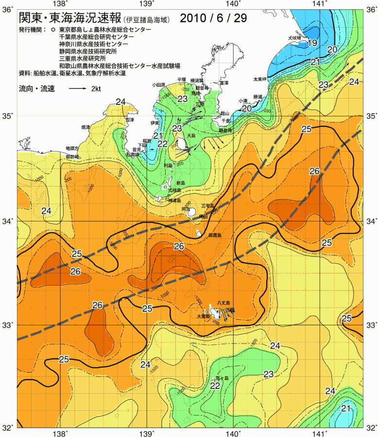海況図, 関東・東海海況速報/伊豆諸島海域 検索結果, (黒潮, 水温分布, 冷水域, 暖水波及 等を図示)