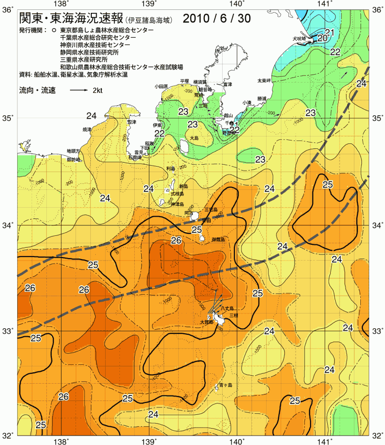 海況図, 関東・東海海況速報/伊豆諸島海域 検索結果, (黒潮, 水温分布, 冷水域, 暖水波及 等を図示)