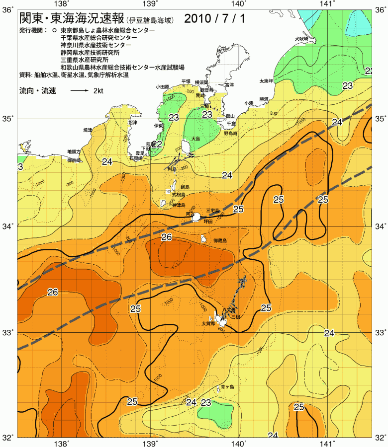 海況図, 関東・東海海況速報/伊豆諸島海域 検索結果, (黒潮, 水温分布, 冷水域, 暖水波及 等を図示)