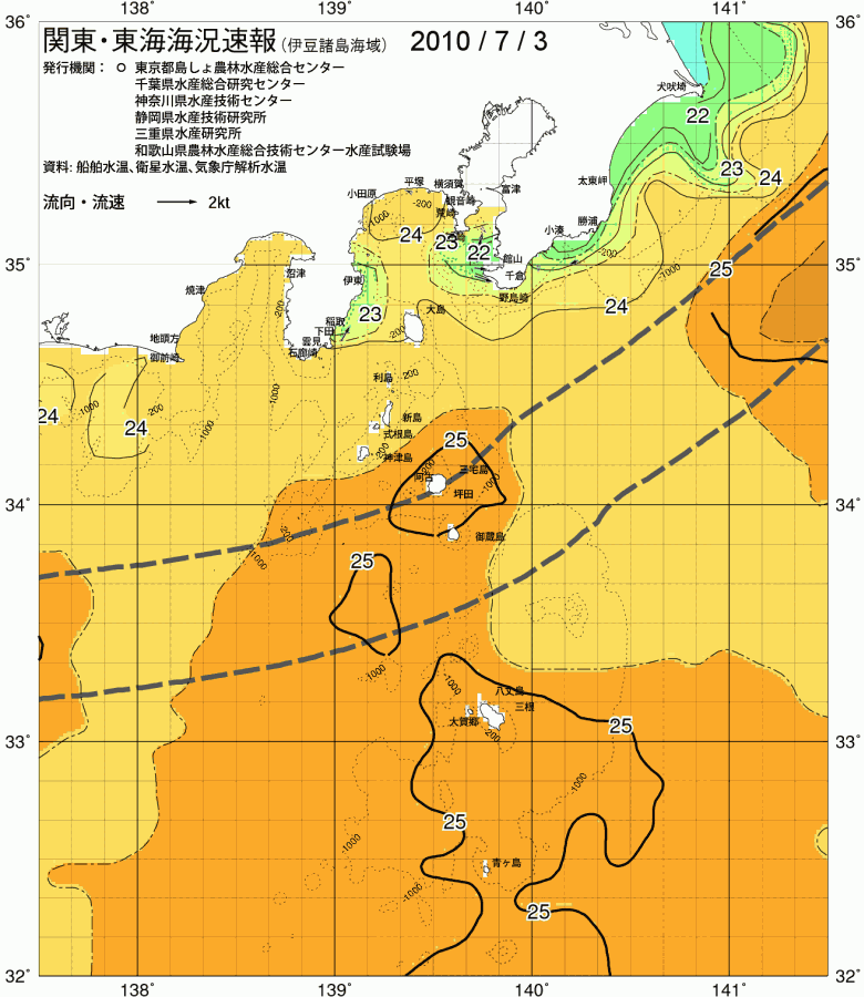 海況図, 関東・東海海況速報/伊豆諸島海域 検索結果, (黒潮, 水温分布, 冷水域, 暖水波及 等を図示)