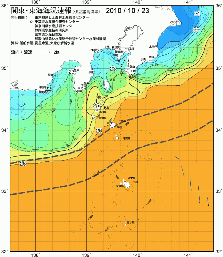 海況図, 関東・東海海況速報/伊豆諸島海域 検索結果, (黒潮, 水温分布, 冷水域, 暖水波及 等を図示)