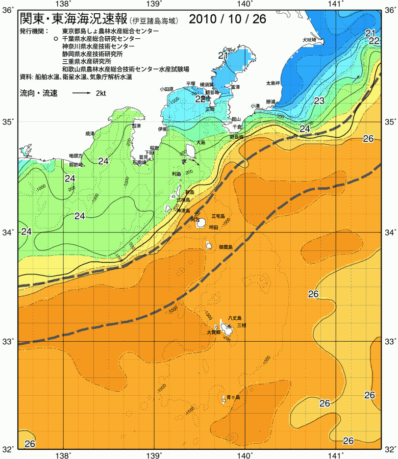 海況図, 関東・東海海況速報/伊豆諸島海域 検索結果, (黒潮, 水温分布, 冷水域, 暖水波及 等を図示)