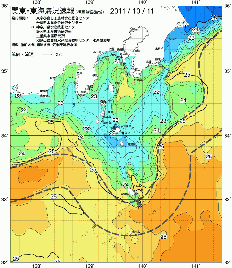 海況図, 関東・東海海況速報/伊豆諸島海域 検索結果, (黒潮, 水温分布, 冷水域, 暖水波及 等を図示)