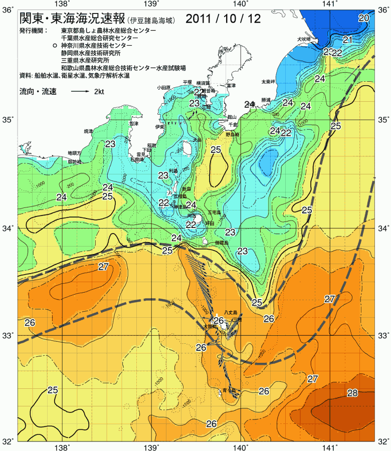 海況図, 関東・東海海況速報/伊豆諸島海域 検索結果, (黒潮, 水温分布, 冷水域, 暖水波及 等を図示)