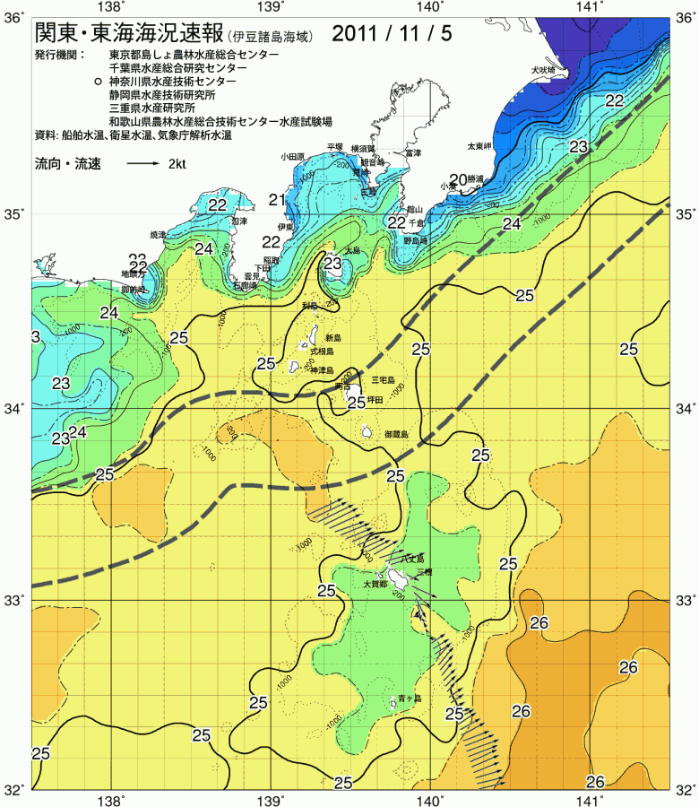 海況図, 関東・東海海況速報/伊豆諸島海域 検索結果, (黒潮, 水温分布, 冷水域, 暖水波及 等を図示)