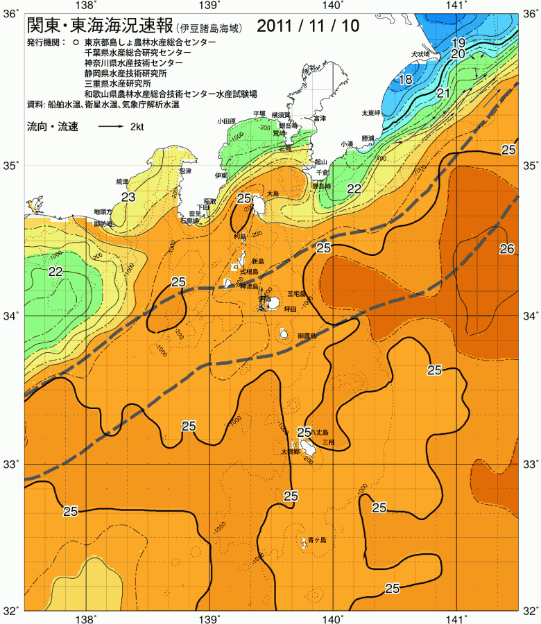 海況図, 関東・東海海況速報/伊豆諸島海域 検索結果, (黒潮, 水温分布, 冷水域, 暖水波及 等を図示)