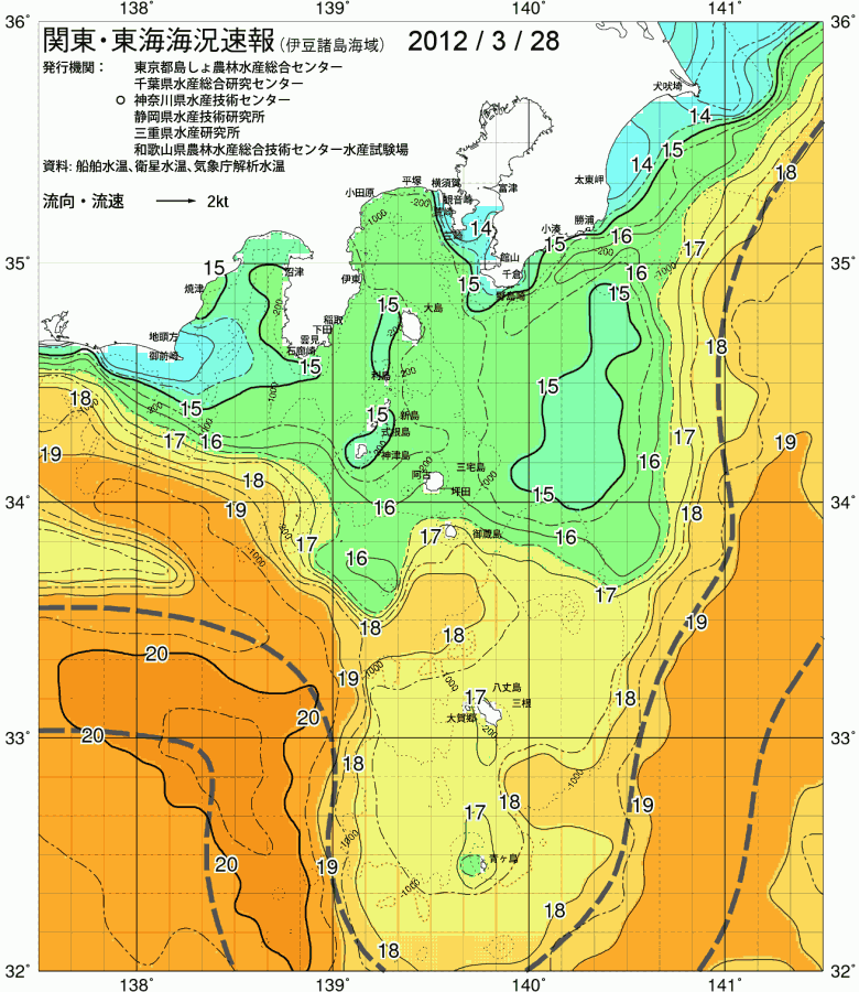 海況図, 関東・東海海況速報/伊豆諸島海域 検索結果, (黒潮, 水温分布, 冷水域, 暖水波及 等を図示)