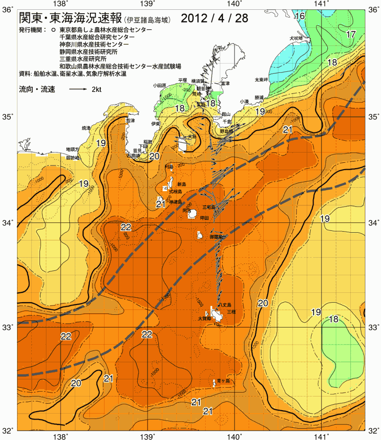 海況図, 関東・東海海況速報/伊豆諸島海域 検索結果, (黒潮, 水温分布, 冷水域, 暖水波及 等を図示)