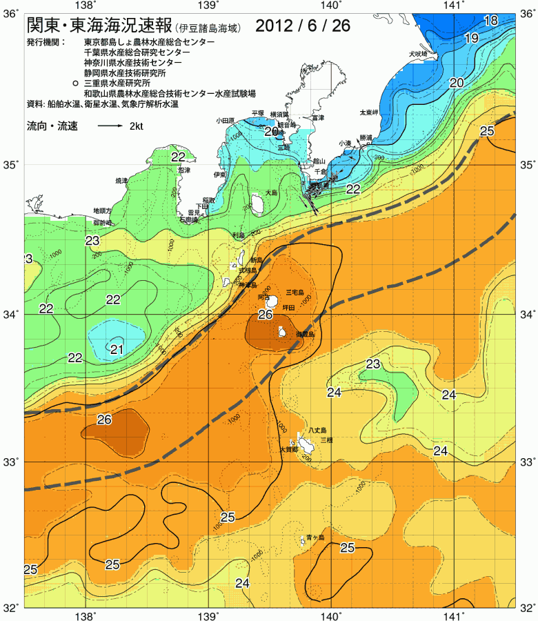 海況図, 関東・東海海況速報/伊豆諸島海域 検索結果, (黒潮, 水温分布, 冷水域, 暖水波及 等を図示)
