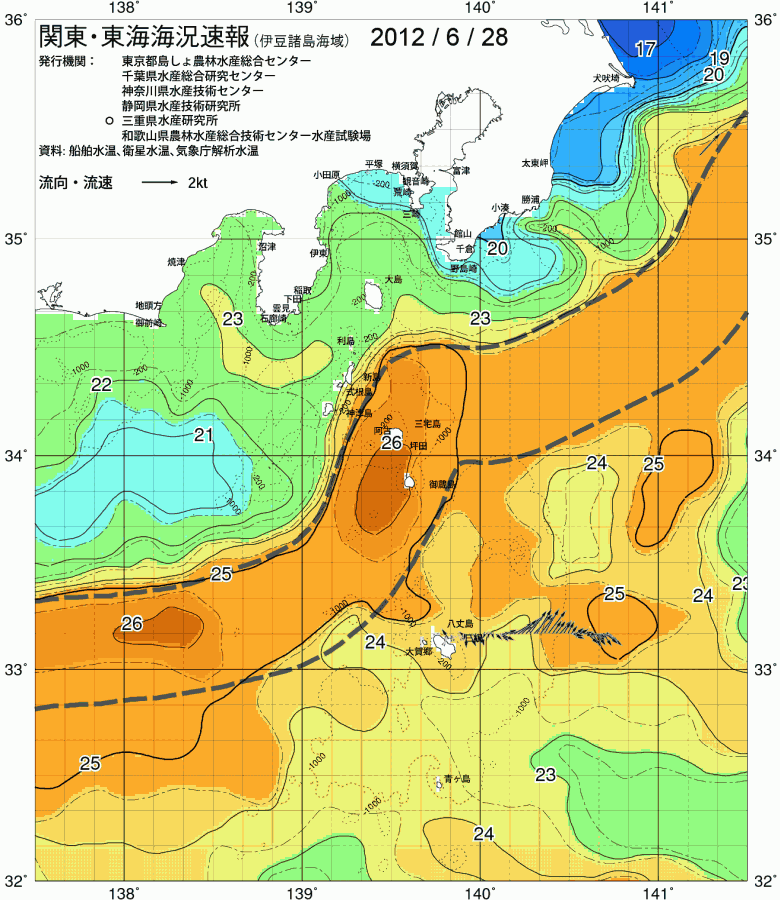 海況図, 関東・東海海況速報/伊豆諸島海域 検索結果, (黒潮, 水温分布, 冷水域, 暖水波及 等を図示)