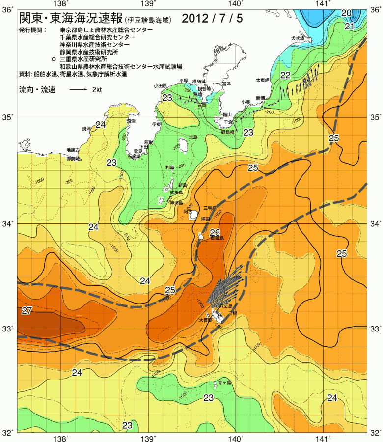 海況図, 関東・東海海況速報/伊豆諸島海域 検索結果, (黒潮, 水温分布, 冷水域, 暖水波及 等を図示)