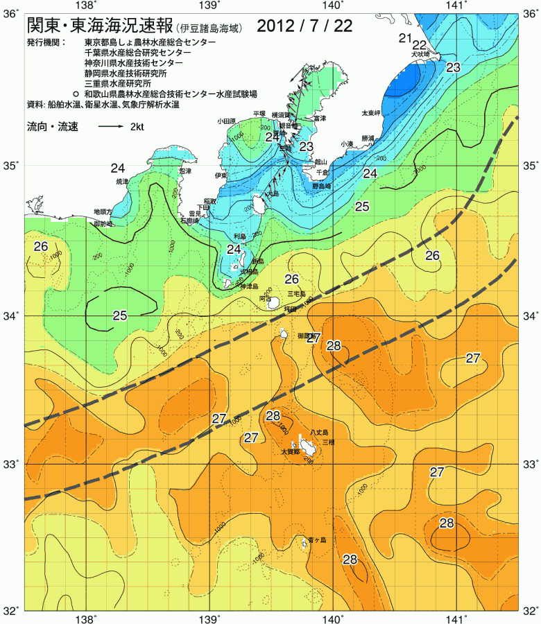 海況図, 関東・東海海況速報/伊豆諸島海域 検索結果, (黒潮, 水温分布, 冷水域, 暖水波及 等を図示)