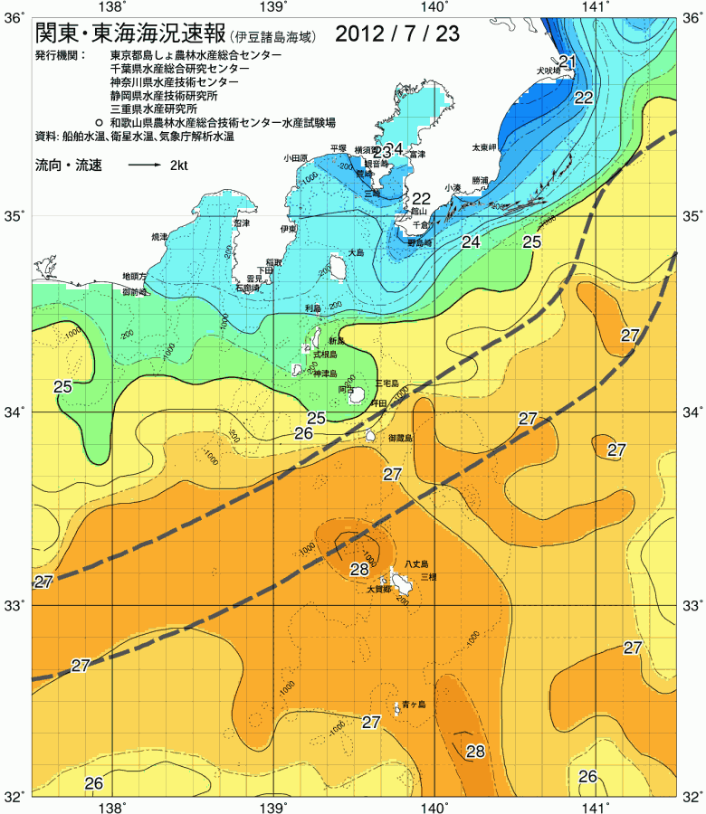 海況図, 関東・東海海況速報/伊豆諸島海域 検索結果, (黒潮, 水温分布, 冷水域, 暖水波及 等を図示)