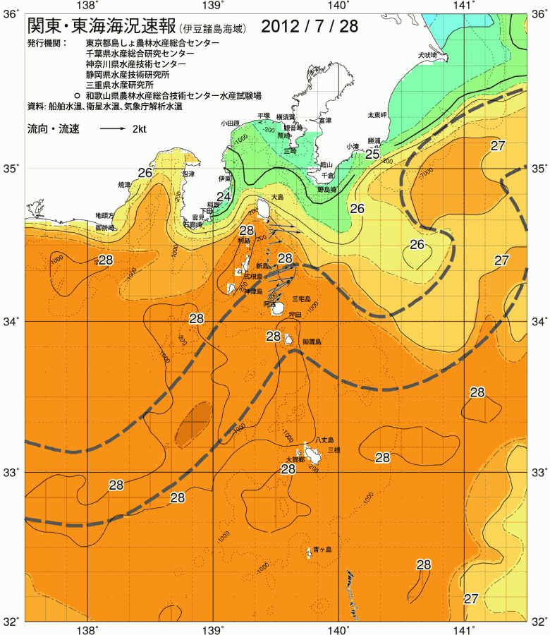 海況図, 関東・東海海況速報/伊豆諸島海域 検索結果, (黒潮, 水温分布, 冷水域, 暖水波及 等を図示)