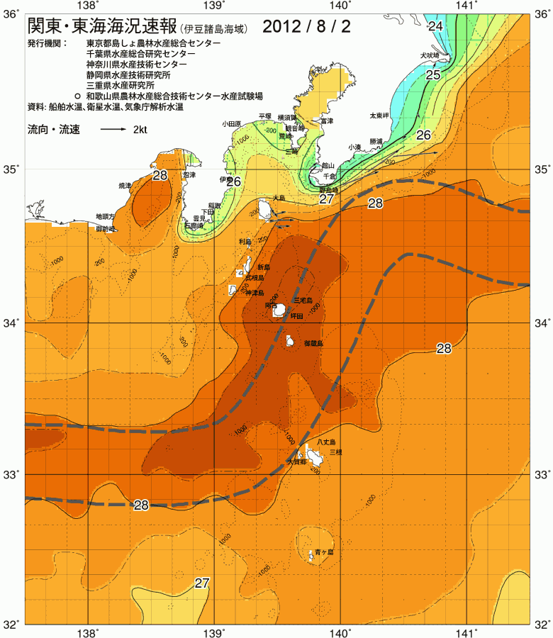 海況図, 関東・東海海況速報/伊豆諸島海域 検索結果, (黒潮, 水温分布, 冷水域, 暖水波及 等を図示)