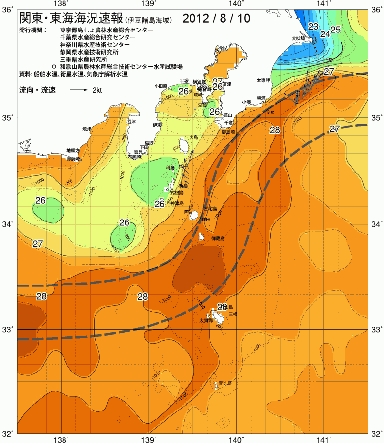海況図, 関東・東海海況速報/伊豆諸島海域 検索結果, (黒潮, 水温分布, 冷水域, 暖水波及 等を図示)