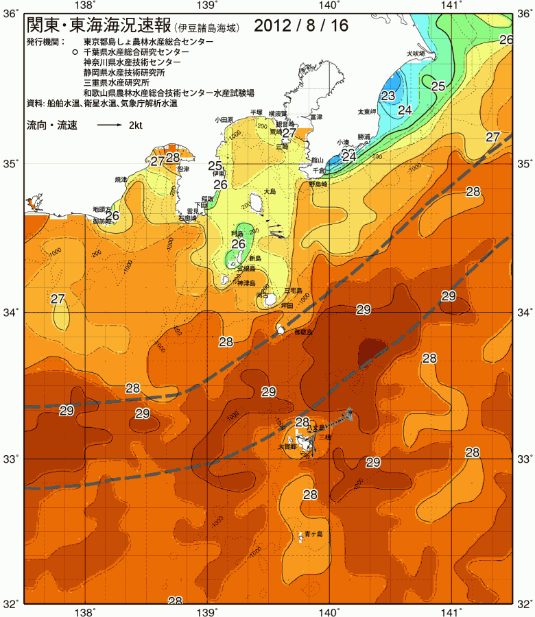 海況図, 関東・東海海況速報/伊豆諸島海域 検索結果, (黒潮, 水温分布, 冷水域, 暖水波及 等を図示)