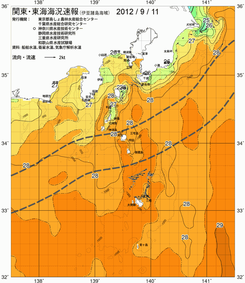 海況図, 関東・東海海況速報/伊豆諸島海域 検索結果, (黒潮, 水温分布, 冷水域, 暖水波及 等を図示)