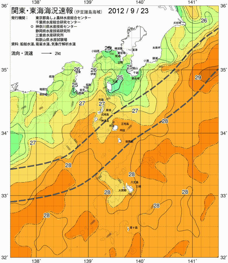 海況図, 関東・東海海況速報/伊豆諸島海域 検索結果, (黒潮, 水温分布, 冷水域, 暖水波及 等を図示)