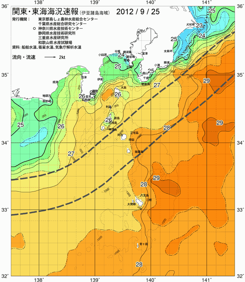 海況図, 関東・東海海況速報/伊豆諸島海域 検索結果, (黒潮, 水温分布, 冷水域, 暖水波及 等を図示)