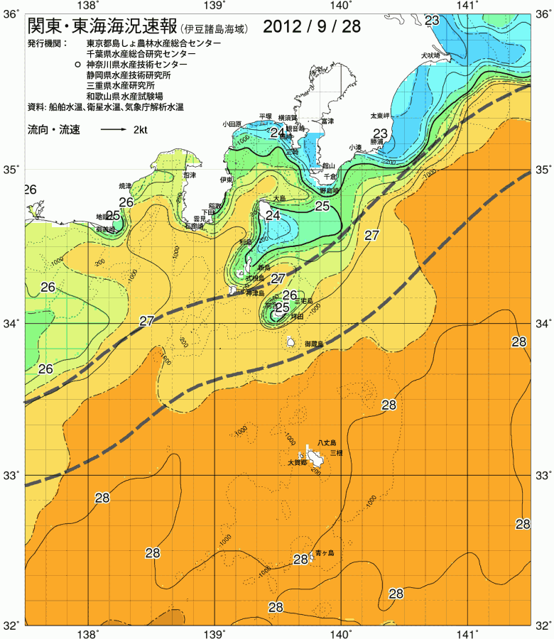 海況図, 関東・東海海況速報/伊豆諸島海域 検索結果, (黒潮, 水温分布, 冷水域, 暖水波及 等を図示)