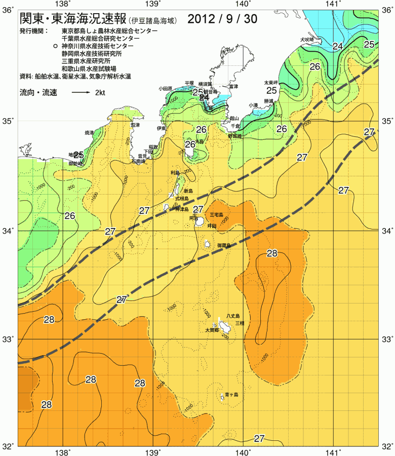 海況図, 関東・東海海況速報/伊豆諸島海域 検索結果, (黒潮, 水温分布, 冷水域, 暖水波及 等を図示)