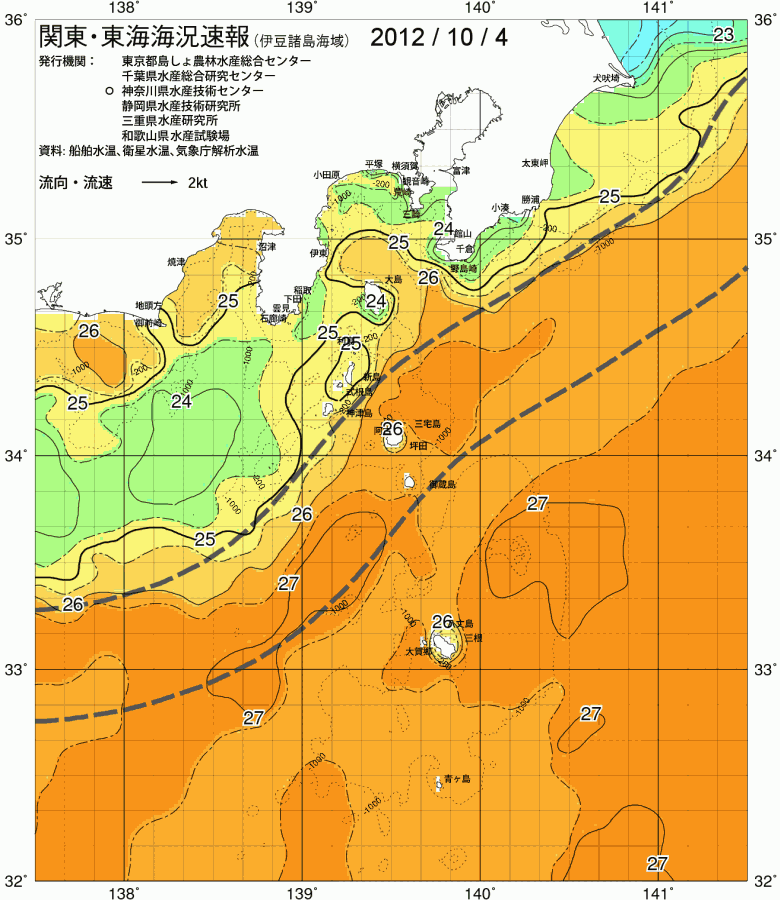 海況図, 関東・東海海況速報/伊豆諸島海域 検索結果, (黒潮, 水温分布, 冷水域, 暖水波及 等を図示)