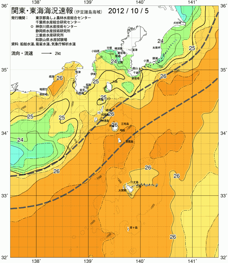 海況図, 関東・東海海況速報/伊豆諸島海域 検索結果, (黒潮, 水温分布, 冷水域, 暖水波及 等を図示)