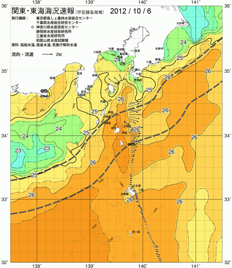 海況図, 関東・東海海況速報/伊豆諸島海域 検索結果, (黒潮, 水温分布, 冷水域, 暖水波及 等を図示)