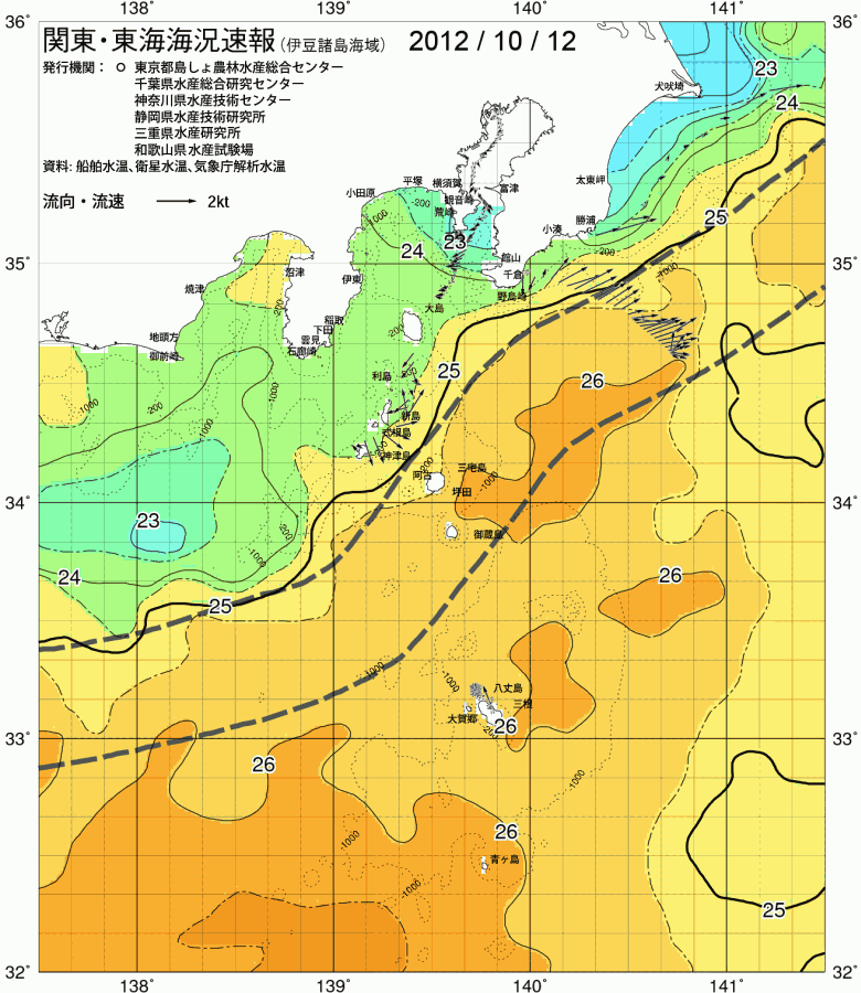 海況図, 関東・東海海況速報/伊豆諸島海域 検索結果, (黒潮, 水温分布, 冷水域, 暖水波及 等を図示)