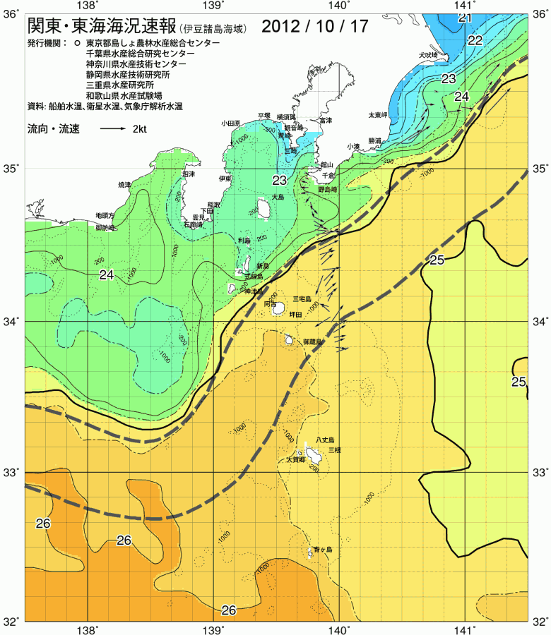海況図, 関東・東海海況速報/伊豆諸島海域 検索結果, (黒潮, 水温分布, 冷水域, 暖水波及 等を図示)