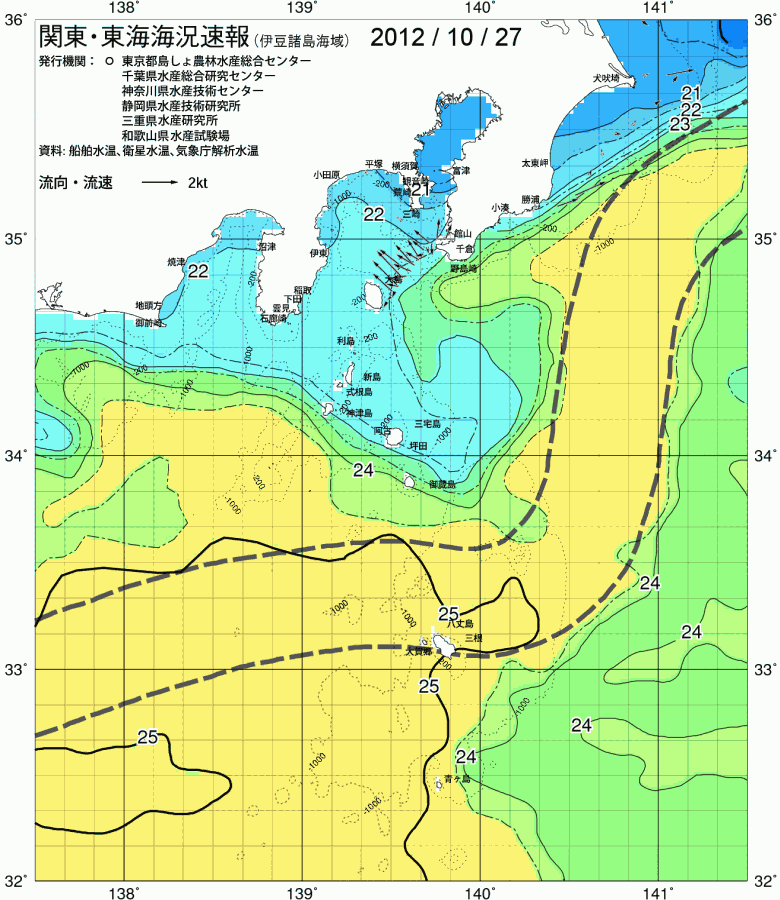 海況図, 関東・東海海況速報/伊豆諸島海域 検索結果, (黒潮, 水温分布, 冷水域, 暖水波及 等を図示)