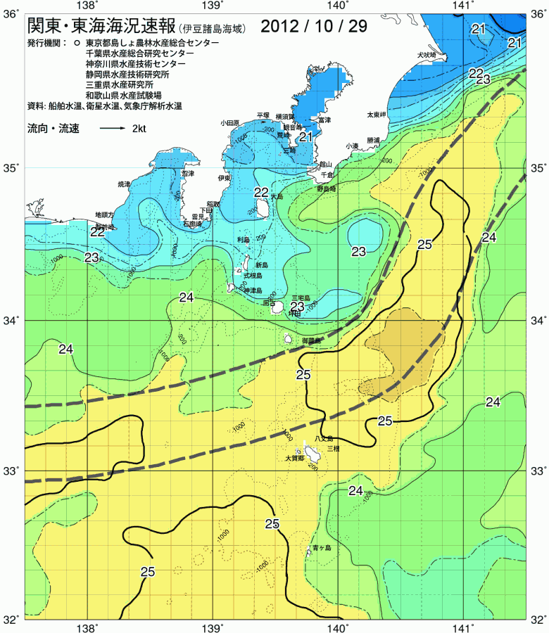 海況図, 関東・東海海況速報/伊豆諸島海域 検索結果, (黒潮, 水温分布, 冷水域, 暖水波及 等を図示)