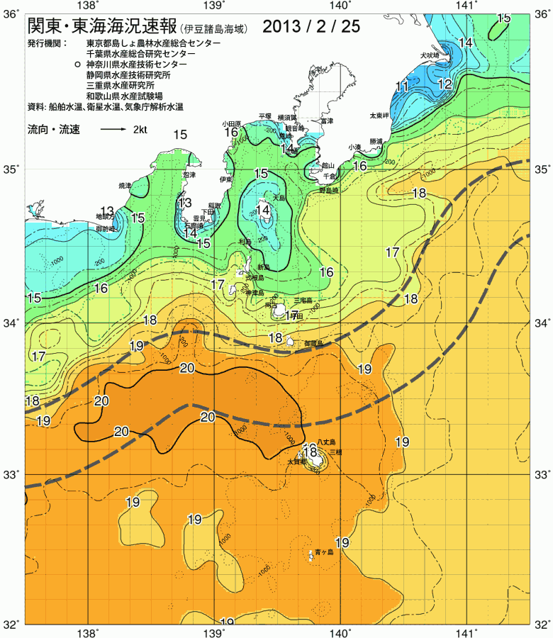 海況図, 関東・東海海況速報/伊豆諸島海域 検索結果, (黒潮, 水温分布, 冷水域, 暖水波及 等を図示)