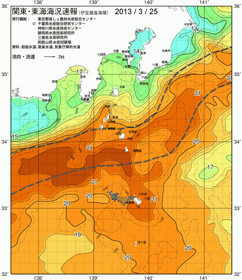 海況図, 関東・東海海況速報/伊豆諸島海域 検索結果, (黒潮, 水温分布, 冷水域, 暖水波及 等を図示)
