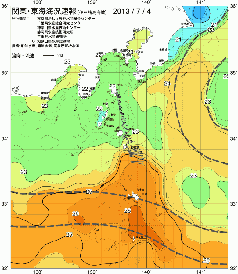 海況図, 関東・東海海況速報/伊豆諸島海域 検索結果, (黒潮, 水温分布, 冷水域, 暖水波及 等を図示)