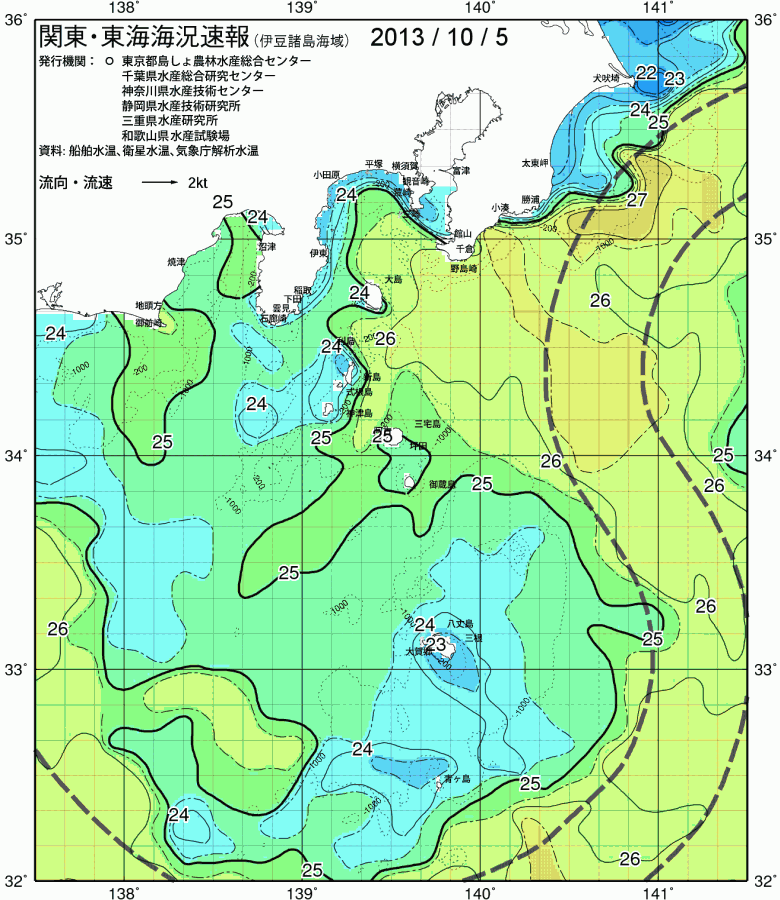 海況図, 関東・東海海況速報/伊豆諸島海域 検索結果, (黒潮, 水温分布, 冷水域, 暖水波及 等を図示)