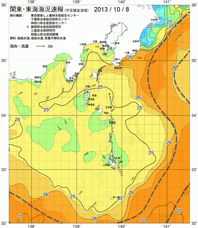 海況図, 関東・東海海況速報/伊豆諸島海域 検索結果, (黒潮, 水温分布, 冷水域, 暖水波及 等を図示)