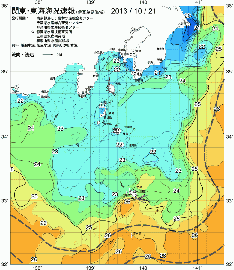 海況図, 関東・東海海況速報/伊豆諸島海域 検索結果, (黒潮, 水温分布, 冷水域, 暖水波及 等を図示)