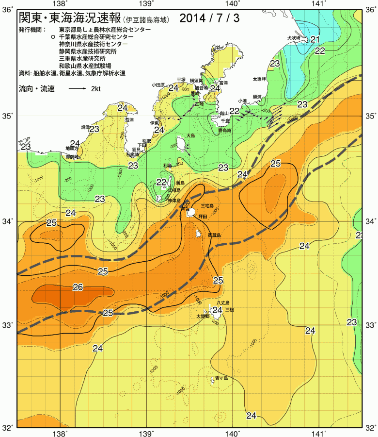 海況図, 関東・東海海況速報/伊豆諸島海域 検索結果, (黒潮, 水温分布, 冷水域, 暖水波及 等を図示)